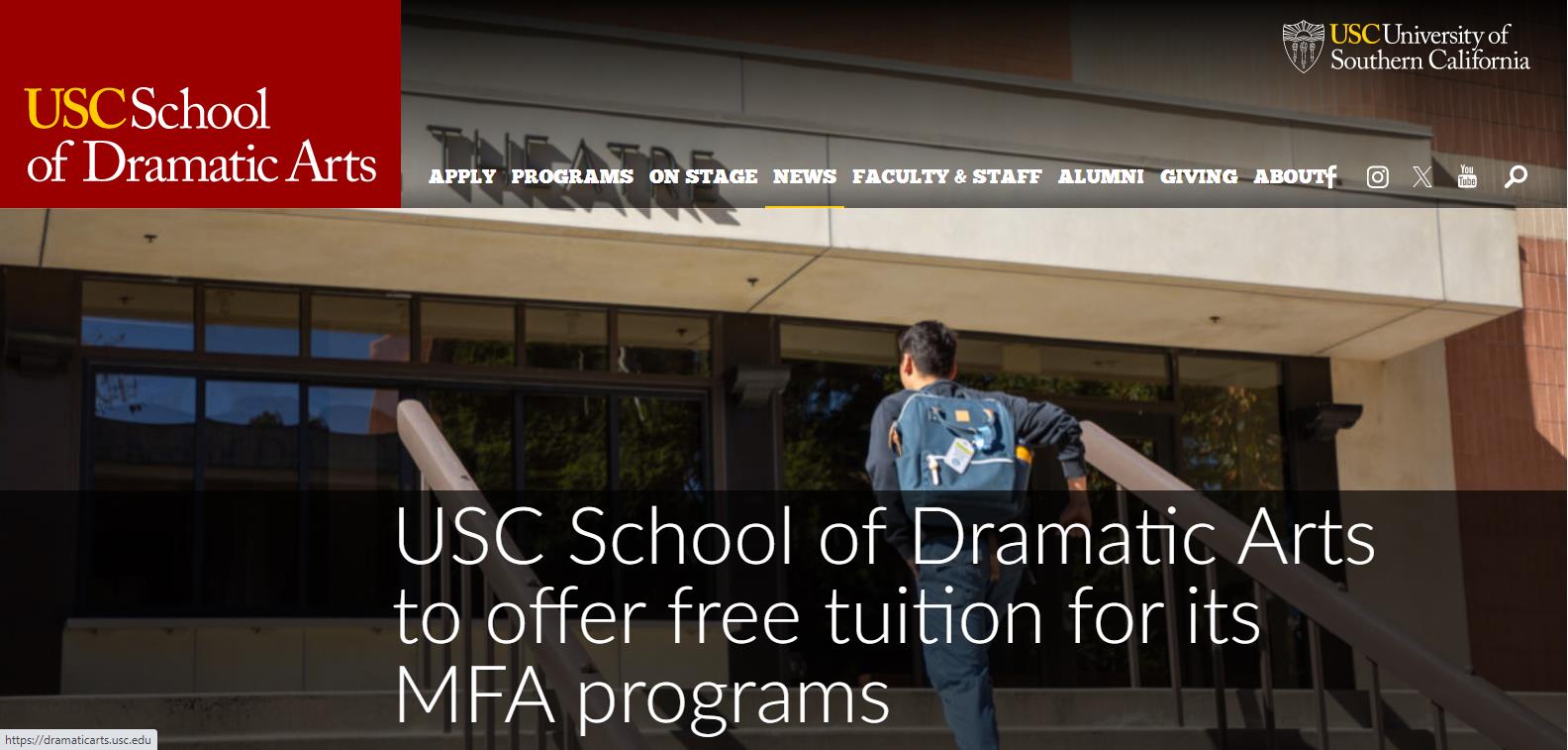 免费读USC！USC戏剧艺术学院宣布MFA项目全免学费